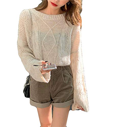 Ptorレディース ニットセーター ゆったり カットソー 長袖 シンプル トップス クルーネック セーター 無地 カジュアル プルオーバー 秋 通学(FREESIZEアプリコット)