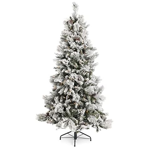 Home Heritage Snowdrift 6.5 Ft Flocked Pine Pre-Lit Artificial Christmas Tree Berries and Pinecone Holiday Decor with 500 LED Lights and Stand, Green Cover