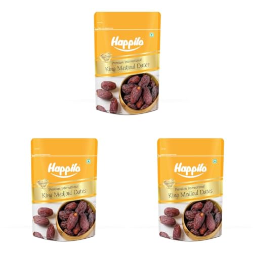 Image of Happilo Premium International King Medjoul Dates 200g | Khajur, Khajoor | Dry Fruits | Dates in Fresh | Healthy Snacks | Dry Dates | Soft Chewy Texture | Sweet Caramel Taste (Pack of 3)