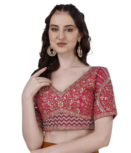 Image of Pujia Mills Mills Women's Fancy Readymade Heavy Coding Embroidary Worked Half Sleeve Multicolor Saree Blouse(Mushroom)