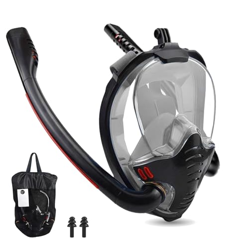 Mascara Buceo, Mascar a Snorkel L,Snorkel Adulto Panorámicas de 180°, M ascara de Buceo con Lente de Vidrio,Anti-vaho Anti-Fuga Compatible con Soporte de Cámara(Negro,L)