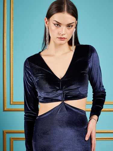 Image of SASSAFRAS Navy Velvet Waist Cut Out Maxi Dress