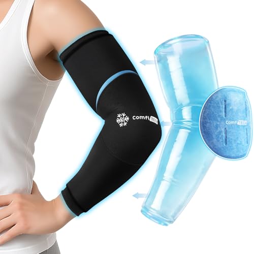 ComfiTECH Dual-Gel Full Arm Ice Pack Wrap with Extended 30-Min Cooling for Elbow Detachable Cold Pack & Flexible Gel Ice Sleeve for Volleyball Tennis Recovery Muscle Relaxation Medium