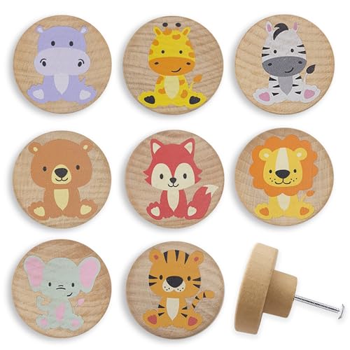 Image of Lasyman 8Pack 1.8" Wood Cute Nursery Kids Dresser Unique Cabinet Knobs Animal Drawer Pulls Wooden Knob