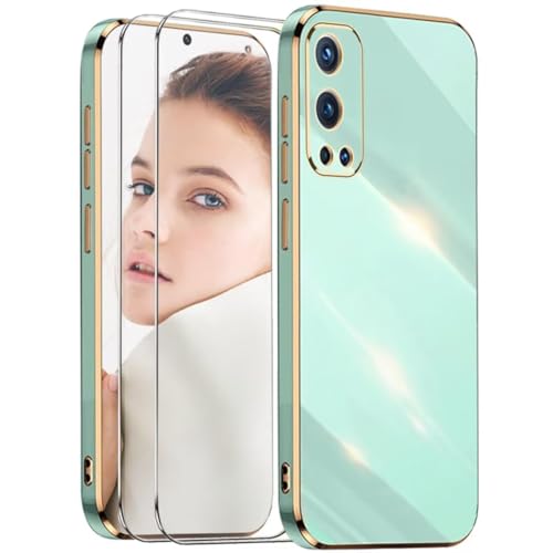 ATISIJIE Funda para OnePlus Nord 2 5G,Antigolpes Carcasa Flexible de Silicona Suave con 2× Cristal Templado,Diseño Marco Dorado Cubierta Protectora-Verde