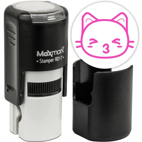 MaxMark RD17 Round Self Inking Cat Emoji Stamp - Kissing - Pink Ink