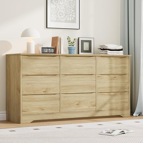 Garvee Wooden Dresser with 9 Drawers, Tall Modern Closet with Deep Storage, Large Chest of Drawers with Wide Top, Long Storage Dresser for Bedroom, Li