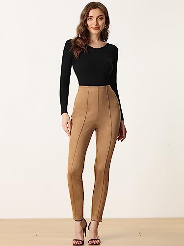 Allegra K Women's Faux Suede Leggings High Waisted Stretch Casual Faux Leather Pants for Women3
