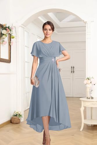 Tea Length Mother of The Bride Dresses for Wedding Pleated Chiffon Short Sleeve High Low Formal Wedding Guest Dresses2