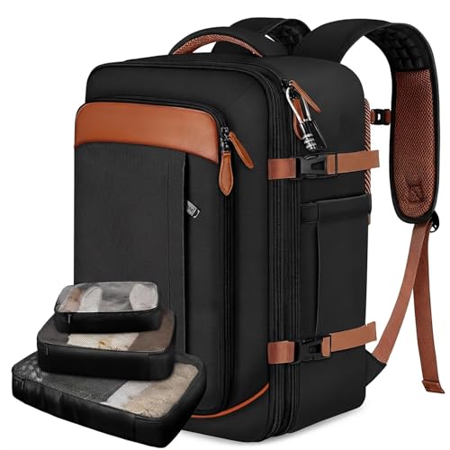 Vancropak 40L Travel Backpack for Women & Men, Large Expandable Carry on Backpack for Airplanes with 3 Packing Cubes, Airline Approved Water Resistant Anti Theft Travel Bag fit 17' Laptop, Black Brown