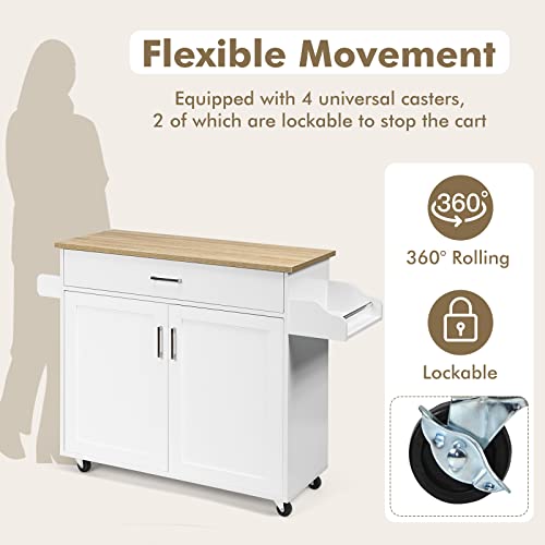 Costway Kitchen Island Cart, Rolling Storage Trolley Cart With Lockable Rubber Wheels, Large Cabinet, Drawer, Spice Rack And Towel Rack, Kitchen Serving Utility, 3-Position Adjustable Shelf (White) #TOP4