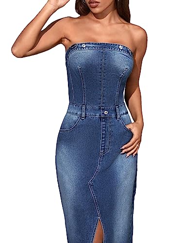 Image of WDIRARA Women's Strapless Tube Top Sleeveless Split Back Fitted Denim Midi Dress