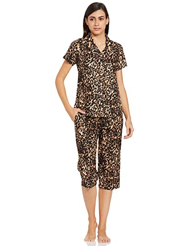 Image of Longies Women's Rayon Capri Nigh Suit Regular Set (LGRCSSYV001 Leapord Yellow024 S)