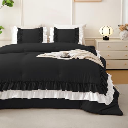 Image of QSH 3PCs Black White Shabby Boho Chic Ruffled Bedding Comforter Queen Size,Farmhouse Vintage Rustic Ruffle Comforter Set Queen Ultral Soft Microfiber Lightweight Fluffy Comforter Set with Pillowcases