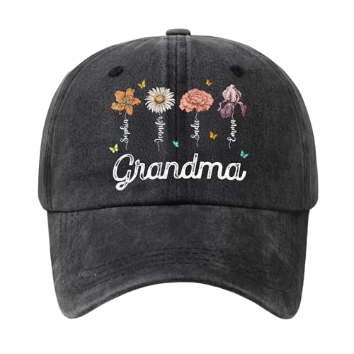 Grandma Garden - Personalized Custom Vintage Washed Denim Cap, Customized Hat with Kid Name, Custom Hat for Women, Summer Hats, Birthday Gift for Mom, Grandmother Present for Mother's Day Christmas