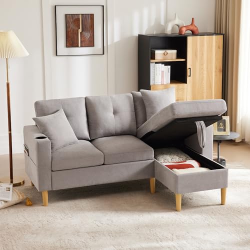 Arhatreya 3 Sitzer L-förmiges Sofa Gästesofa Modern Couch, 3er Sitzsofa mit Getränkehalter und Kissen, Polstersofa mit Stauraum für Wohnzimmer, Schlafzimmer, Wohnung, Gästezimmer, Hellgrau – Bild 4