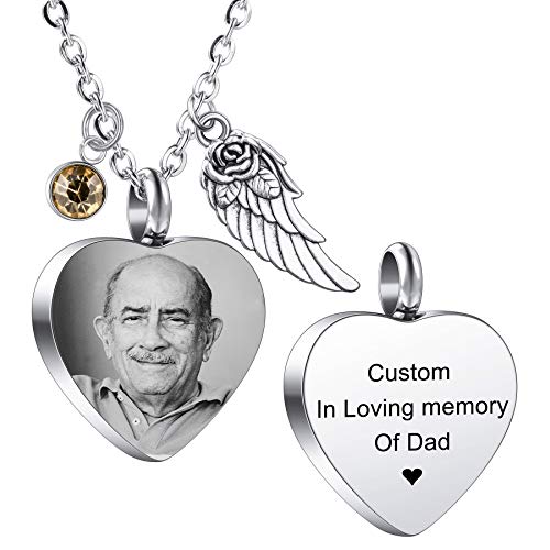MeMeDIY Personalisierte Engelsflügel Anhänger Herz Urne Halskette Gravur Foto/Name Geburtssteine für Männer Frauen Hund Katze Haustier Edelstahl Asche Memorial Trichter Kit Cover