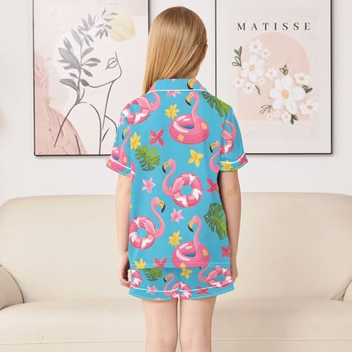 ALAZA Flamingo Blossom Palm Tree Flower Pajamas Satin Pajama Set Short Sleeve Button Down Sleepwear4