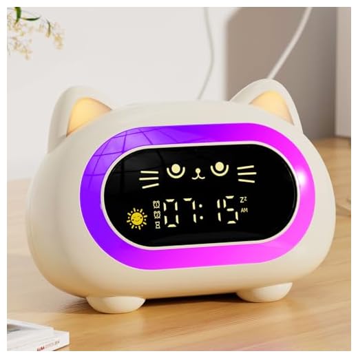 Honesorn Alarm Clock for Kids, Ok to Wake Clock for Kids, Cute Cat Kids Alarm Clock for Girls Boys Toddler, Kids Clock with 10 Night Lights, 7 Soothing Sounds, Auto-Off Timer, Child Lock, Cream White