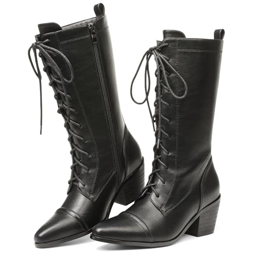 SaraIris Womens Black Mid Calf Boots Lace Up Chunky Heel Vintage Combat Heeled Dress Casual Boots
