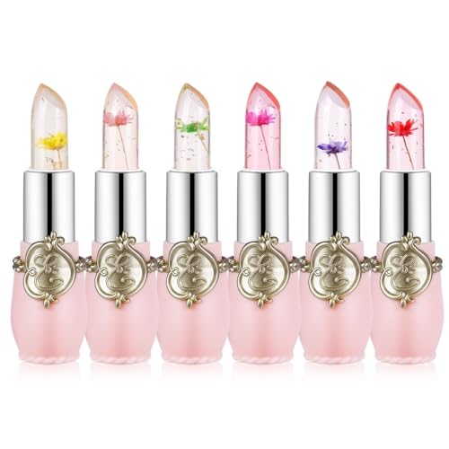 LOPHE Labial Flor, 6pcs Lapiz Labial Cambio de Color, Transparente Pintalabios Que Cambia de Color Acabado Brillante Larga Duracion Hidratante para Cumpleaños Navidad Regalo de San Valentín