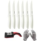 Cuisinart C55-6PCSW Advantage 6-Piece Ceramic Coated Serrated Steak Knife Set, White Bundle with Deco Gear Kitchen Safety Cut Resistant Gloves and Deco Essentials 3 Slot Manual Knife Sharpener