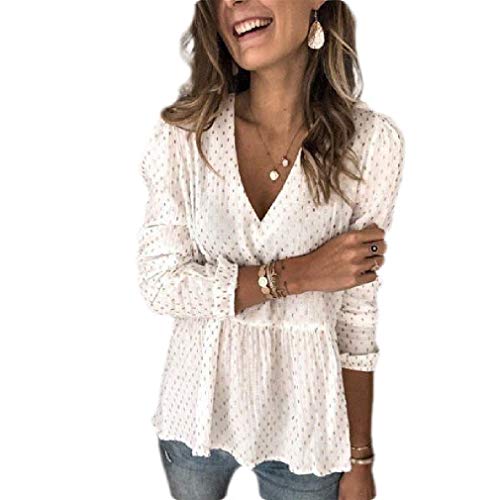 Abeaicoc Camisa feminina sexy de chiffon com manga bufante e gola V, Branco, Small