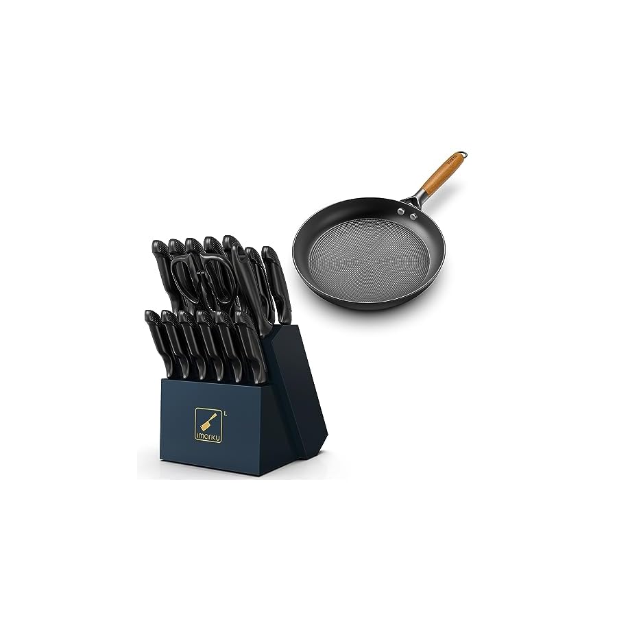 imarku 16 Pcs Kitchen Knife Set and 10 Inch Non Stick Frying Pans, Razor-Sharp Knives Set for Kitchen, Dishwasher Safe Pan for Cooking