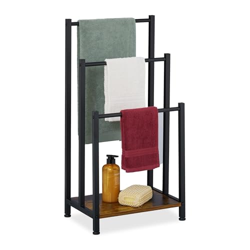 Relaxdays Toallero de Pie, Colgador Toallas con Balda, 3 Barras, 80 x 40 x 28 cm, Portatoallas Baño, Marrón y Negro, Hierro, Tablero de Fibras
