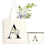 Bolsa de transporte y neceser con inicial, bolsa de transporte con letras y bolsa de cosméticos, bolsa de la compra de lona con cremallera, bolsa de la compra de lona regalo para mujeres, novia, mamá