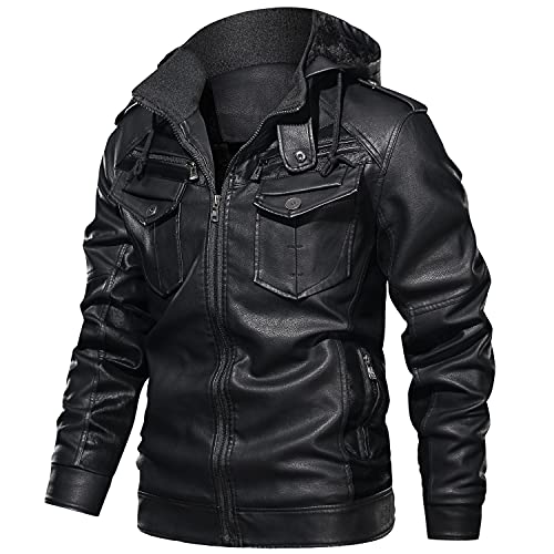 Men'S Retro Detachable Hat Bomber Leather Jacket With Velvet And Zipper Pocket Splicing Coat3