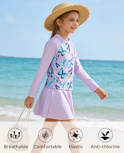Image of Idgreatim Girls Swimsuit Rash Guard Set Long Sleeve Two Piece Bathing Suit 3-10 Years