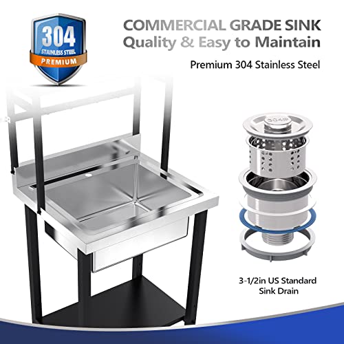 Image of VINGLI 67 inchH Commercial Sink 304 Stainless Steel Sink with Adjustable Shelves and Hanging Rod with Hooks, Freestanding Utility Sink for Restaurant Kitchen Laundry Room Garage, Bowl Size 21 inchWx16 inchDx9 inchH