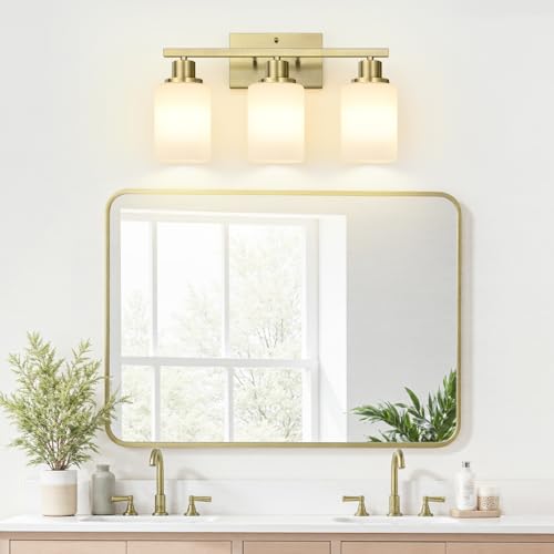 Image of MOKATNG 3-Light Bathroom Light Fixtures, Aged Brass Vanity Light with Milky White Shades, Bathroom Lighting Fixtures Over Mirror, Modern Bathroom Wall Lamp for Mirror Living Room Cabinet Bedroom