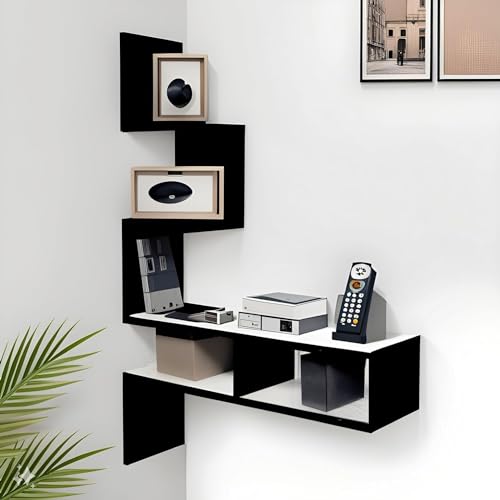 Dime Store Wooden Wall Corner Hanging Shelves for Living Room Stylish Zig Zag Home Decor Floating Display Rack Storage Organizer Unique Design (Modern, Black & White)