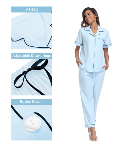 Image of CF Womens 100% Cotton Pajamas Set Button Down Pjs Sets Short Sleeve Top & Long Pants Sleepwear Comfy Loungewear with Pockets