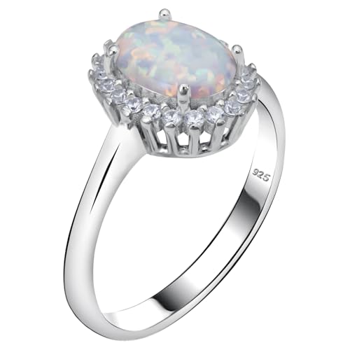 Alpha Rock Genuine Solid 925 Sterling Silver Simulated Round Fire Opal CZ Accents Halo Ring, Engagement Promise Wedding Statement Birthstone Fine Ring, Gift for Women