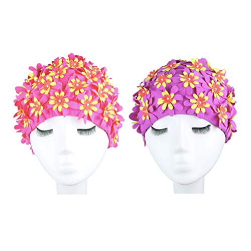 Touca de natação Vosarea – Touca de natação feminina adulto floral com design de flor em 3D com péro