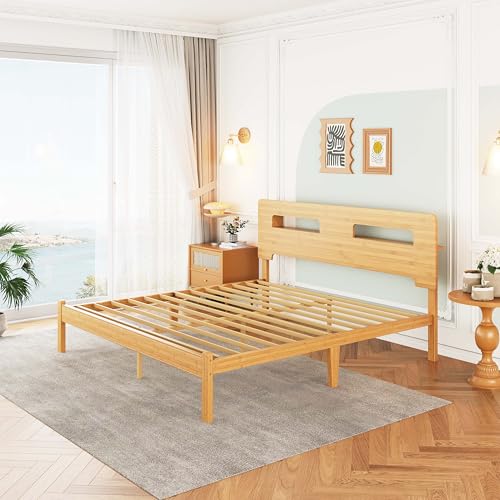Image of ZIYOO King Size Bamboo Bed Frame with Storage Headboard, 14 Inch | Heavy Duty No Box Spring Needed Easy Assembly No Noise Modern Style for Bedroom Hotel Guest House