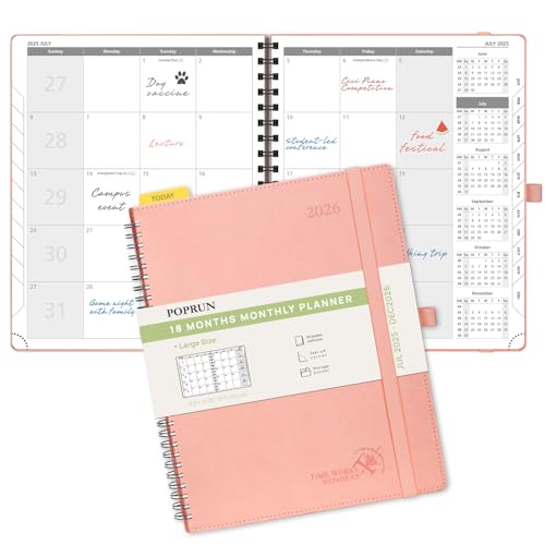 POPRUN Monthly Planner 2025-2026 26.5x21.5cm (18-Month: Jul'25 - Dec'26) Academic Diary Month to View only Spiral Softcover, Sunday Start, Monthly Tab (Pink)