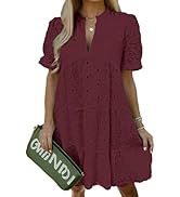 Flamingals Eyelet Dress for Women Embroidery Ruffle Hem Knee Length Casual Dress