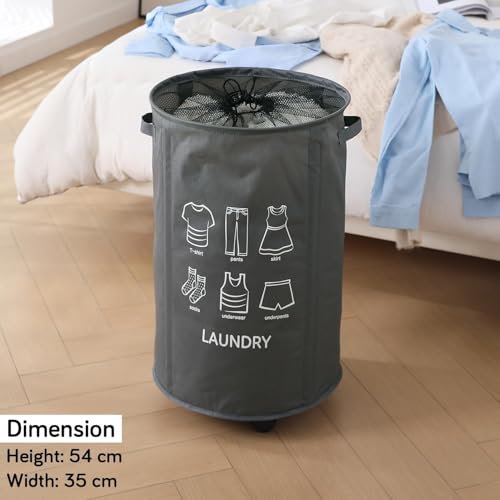 Image of HOKIPO Laundry Basket Foldable Hamper With Wheels, Grey (NEW2-AR-5322-GRY)