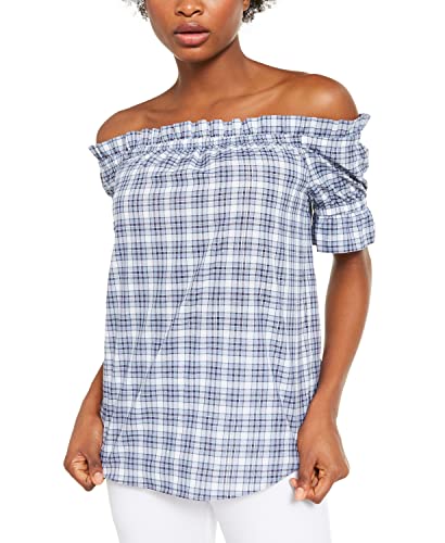 Michael Michael Kors Womens Plaid Metallic Top Blue M #TOP29