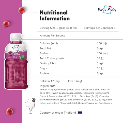 Mogu Mogu Grape Juice with 25% NATA De Coco (coconut jelly) | Energy Booster| Full of Fruit Fibres | No Added Preservatives and Colours | Juice Bottles Made for Adults and Kids-320ml - (Pack of 3).