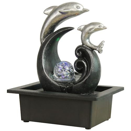 TiCin Tabletop Water Fountain, Spinning Ball Light Fountain with Two Cute Dolphins, for Home Office Decor, Decorated with Colorful Lights and Rolling Ball