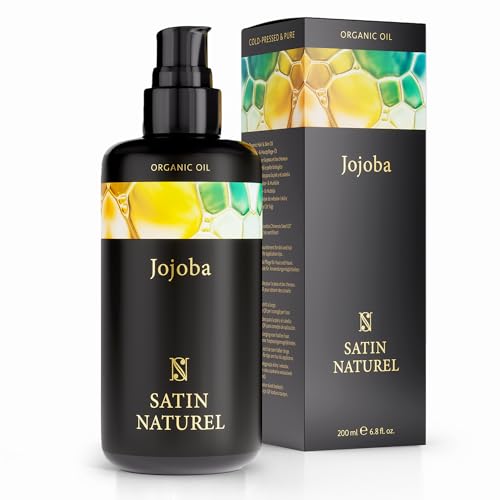 Huile de Jojoba Bio 200ml - Soins pour le visage - Huile Cheveux Secs et Abimés - Huile Demaquillante Anti Vergeture et masque cheveux - Riche en Vitamine E - Bio Vegan Cruelty Free - Satin Naturel