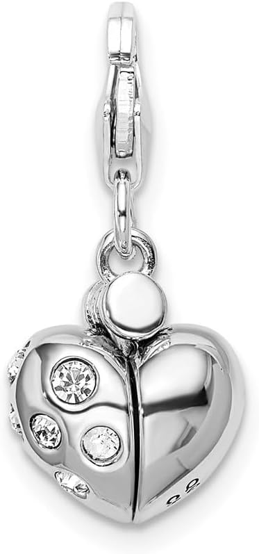 Amore La Vita Sterling Silver Rhodium-plated Polished 3-D Crystal From Enameled Heart Opens Charm with Fancy Lobster Clasp