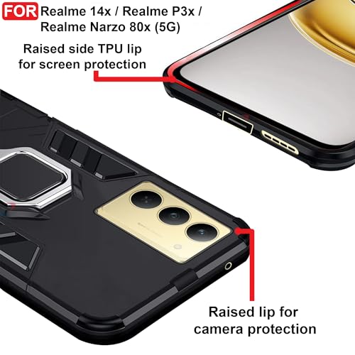 Image of CEDO Kickstand Cover for Realme 14x / Realme P3x / Narzo 80x (5G) Rugged Case | Built-in Stand Rotating Ring Holder | Military Grade Armor Bumper Back Cover (Black)