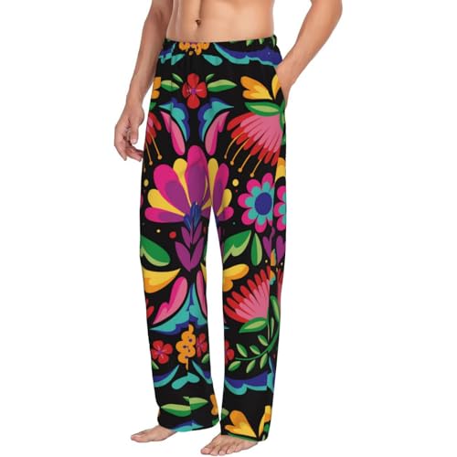 Mens Pajama Pants Bottoms With Pockets- Colorful Floral Embroidery Mexican Soft Men Lounge Pants, Comfy Mens Pj Pants