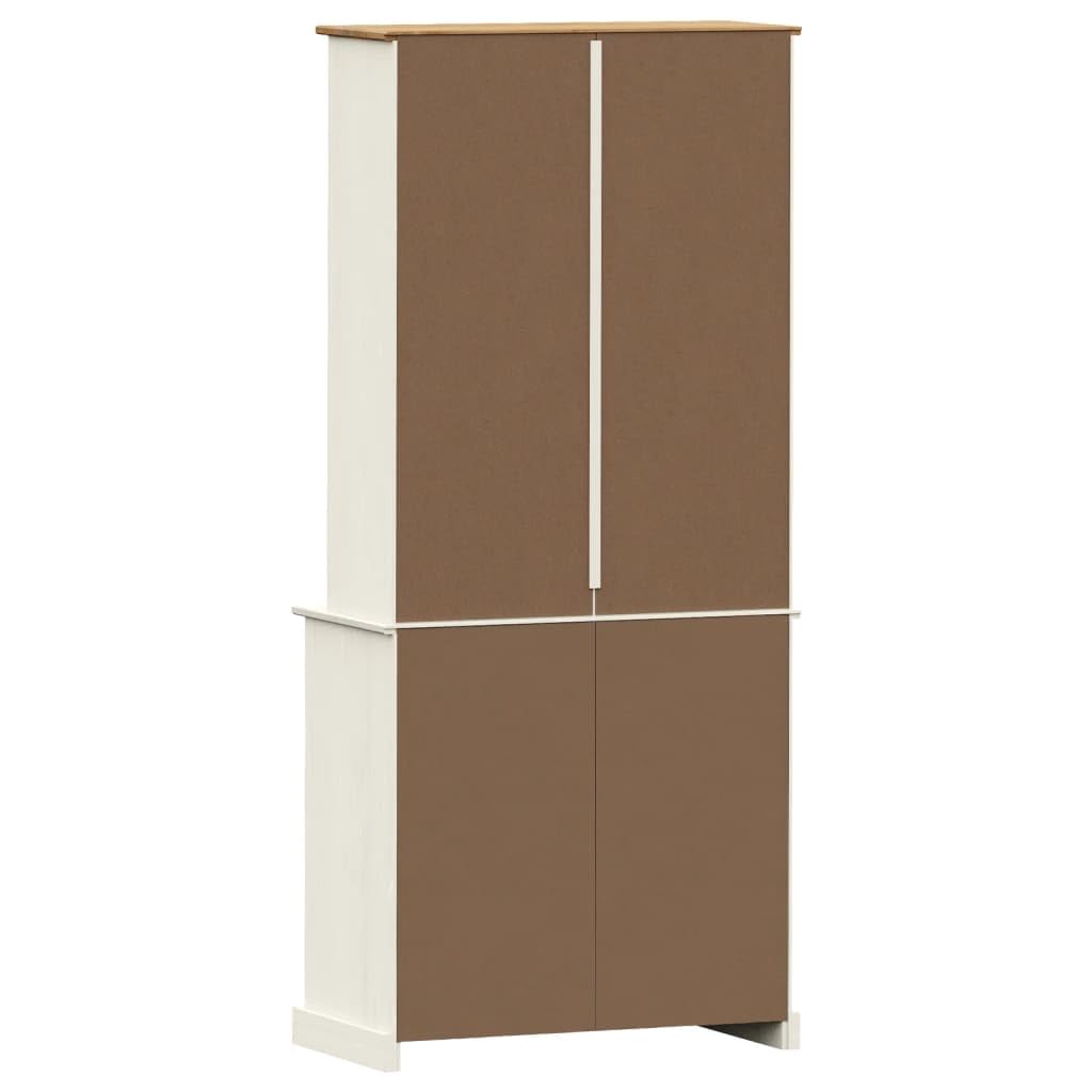 Tablero alto de madera maciza de pino con frentes de cristal y asas de metal. Elegante buffet de cocina con espacio para vajilla y decoración de madera de pino resistente